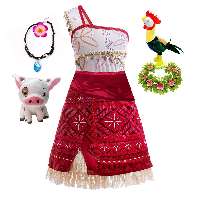 EtherealBe kids Moana 2 Halloween costume featuring dress, accessories, and plush toys for festive fun