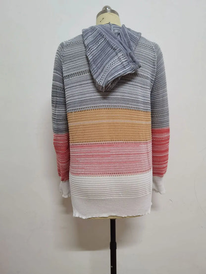 Women Patchwork Hooded Sweater Casual Long Sleeve Knitted Sweater Top Striped Elegant Pullover Jumpers Autumn Winter Plus Size