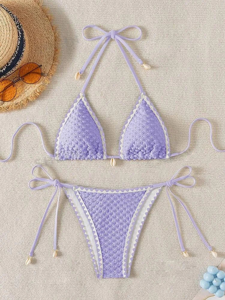Sexy White Contrast Bikinis Sets 2025 Women Shell Ornament Push Up Tie Side Thong Swimsuit Summer Bathing Suit Micro Swimwear