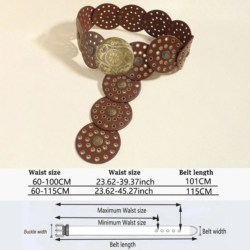 Women's Western Denim Belt High Quality Metal Hollow Ladies Trend Wide Waistband Vintage Personalized Round Belts DT148