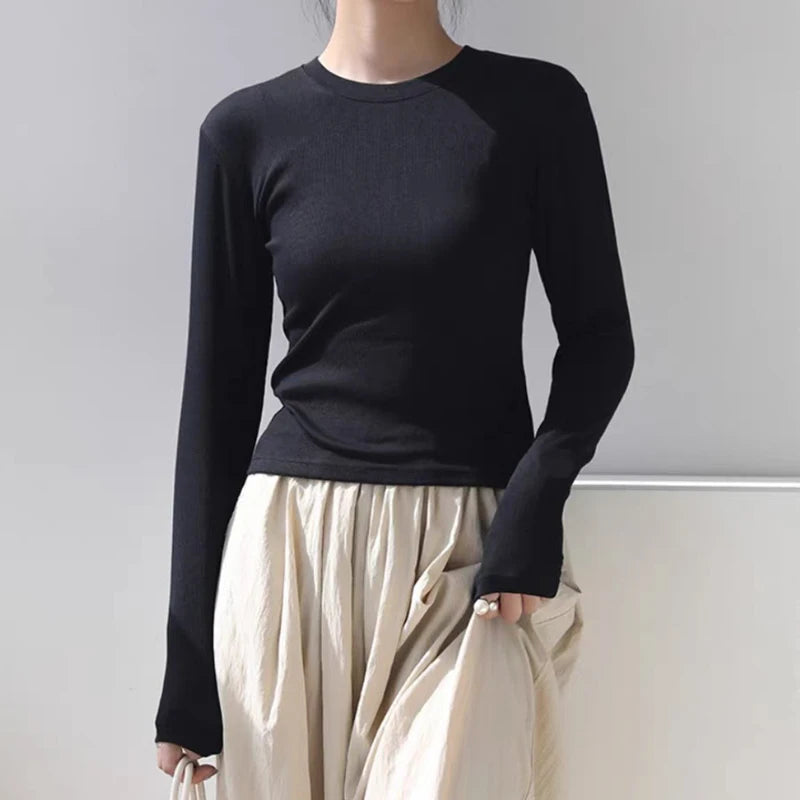 Cotton O Neck Long Sleeve Shirt Women Sexy Cropped Tops 2025 Autumn Black Casual Skinny Slim Basic Woman T Shirts White Clothing