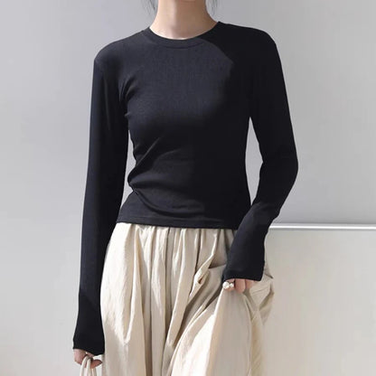 Cotton O Neck Long Sleeve Shirt Women Sexy Cropped Tops 2025 Autumn Black Casual Skinny Slim Basic Woman T Shirts White Clothing
