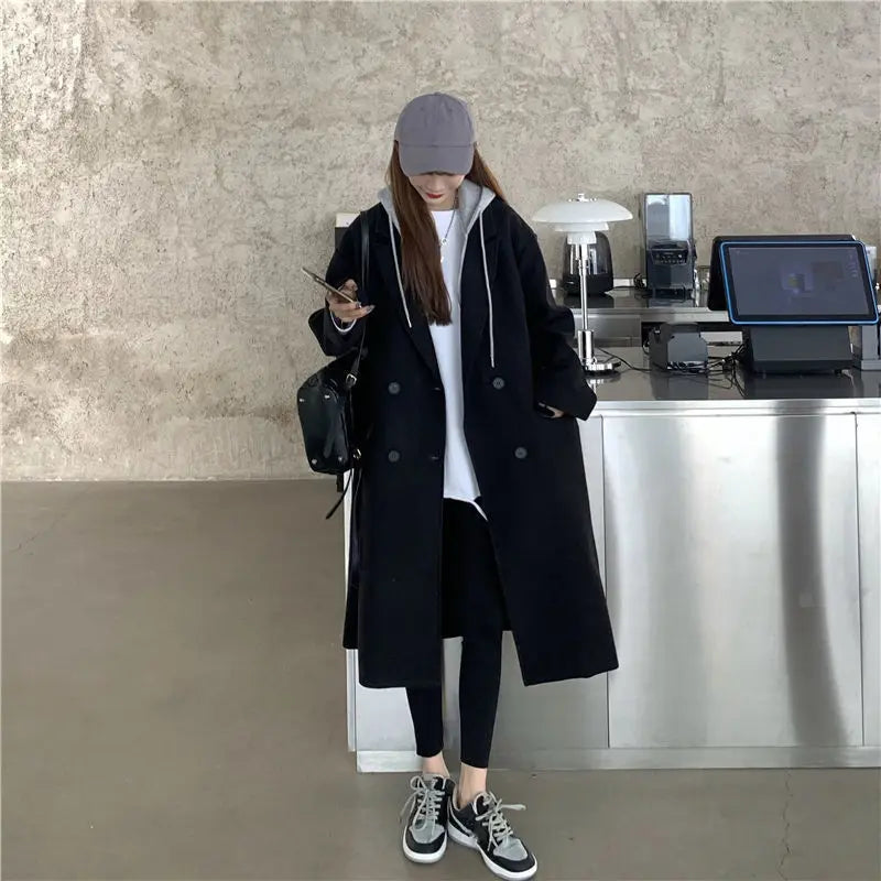 Wool Blends Coats Women Spliced Fake Two Piece Hooded Clothes Design Korean Fashion Preppy College Girlish Elegant Ladies Casual