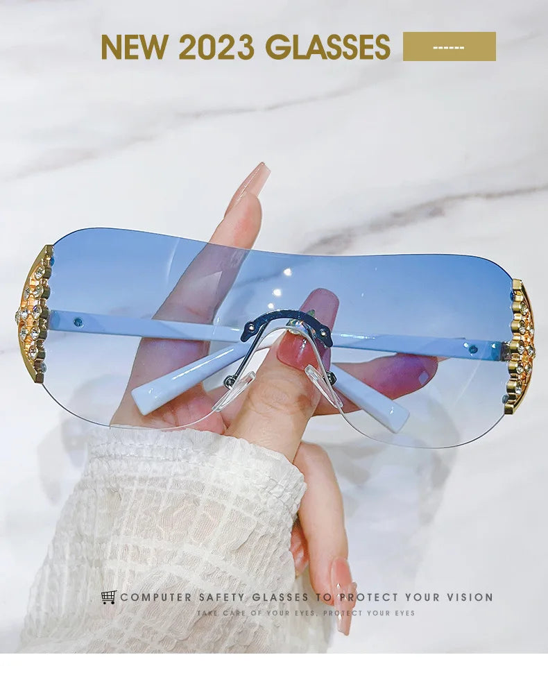 Luxury One-Piece Rimless Sunglasses Oversized Diamond Brand Designer Sun Glasses for Women Steampunk Eyewear UV400 Oculos De Sol