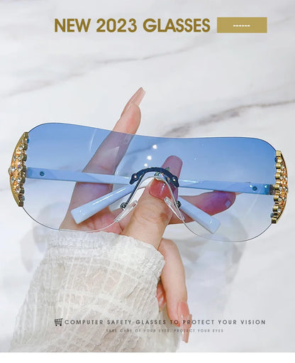 Luxury One-Piece Rimless Sunglasses Oversized Diamond Brand Designer Sun Glasses for Women Steampunk Eyewear UV400 Oculos De Sol