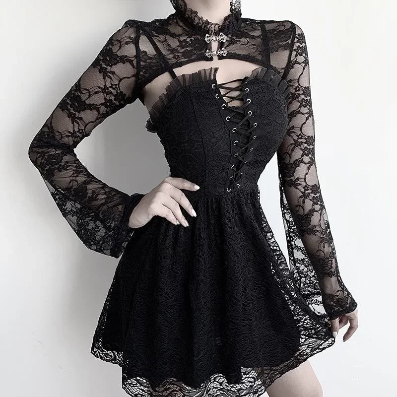 Vintage Dark Gothic Lace Mesh Long Flare Sleeve Overlay Turtleneck Covers Grunge Aesthetic Black Tops Streetwear for Women Egirl
