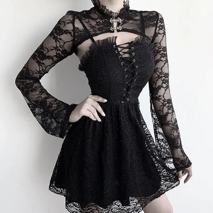 Vintage Dark Gothic Lace Mesh Long Flare Sleeve Overlay Turtleneck Covers Grunge Aesthetic Black Tops Streetwear for Women Egirl