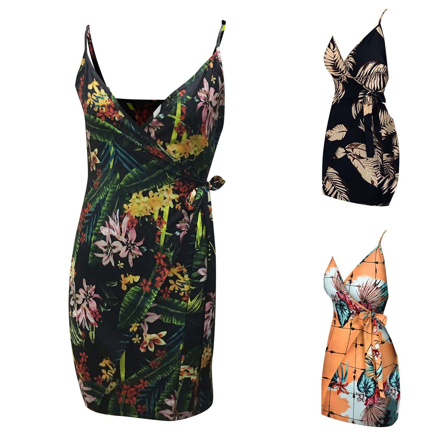 2023 New Sexy Suspender Dress Women Fashion Floral Printing Sleeveless V Neck Robe Summer Boho Tie Waist Dress Formal Dresses