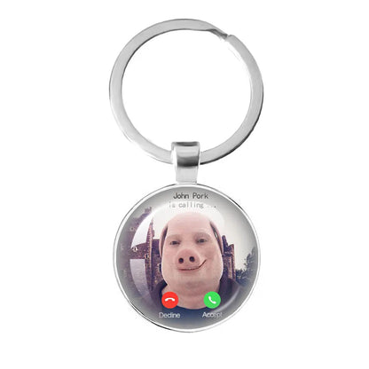 New John Pork Is Calling Answer Call Phone Humor Funny Pig Lover Graphic Meme Glass Dome Pendant Cabochon Keychain Jewelry Gifts