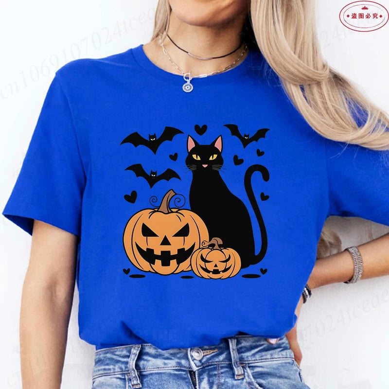 Black Cat Halloween Print Women's Summer T-shirt Casual Clothing Oversized Y2k Personality Short Sleeve Tops Spooky Season Tees