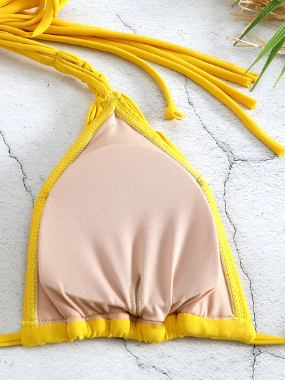 Comfortable Brazilian G-String Swimwear Bandage Stripes Trim Halter Female Bikini Set 2024 New Fashion Chest Pad Beachwear