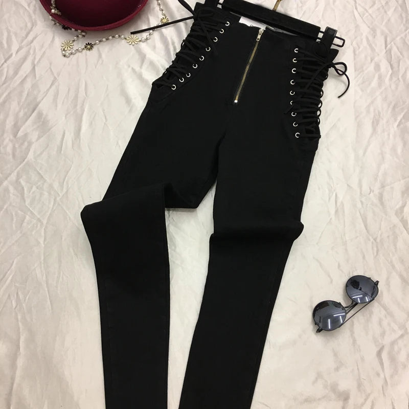 Jeans Women Lace-up Skinny All-match Zipper Simple Trendy Ankle-Length Trousers Womens Spring Autumn Slim Female High Quality