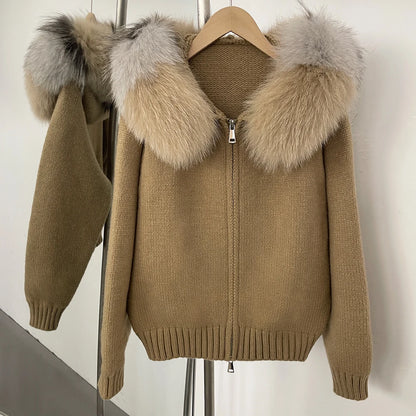 OFTBUY Real Fox Fur Kintwear Women 2025 New Spring Autumn Hooded Sweater Female Loose Zipper Kintted Jacket Oversized Cardigan