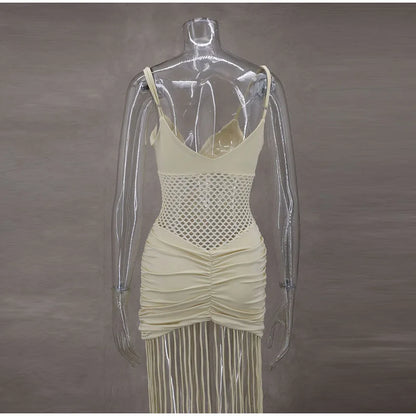 Hollow Out See-through Long Dress Women Holiday Tassels High Waist Sleeveless Strap Dresses Female Backless Evening Club  Robe