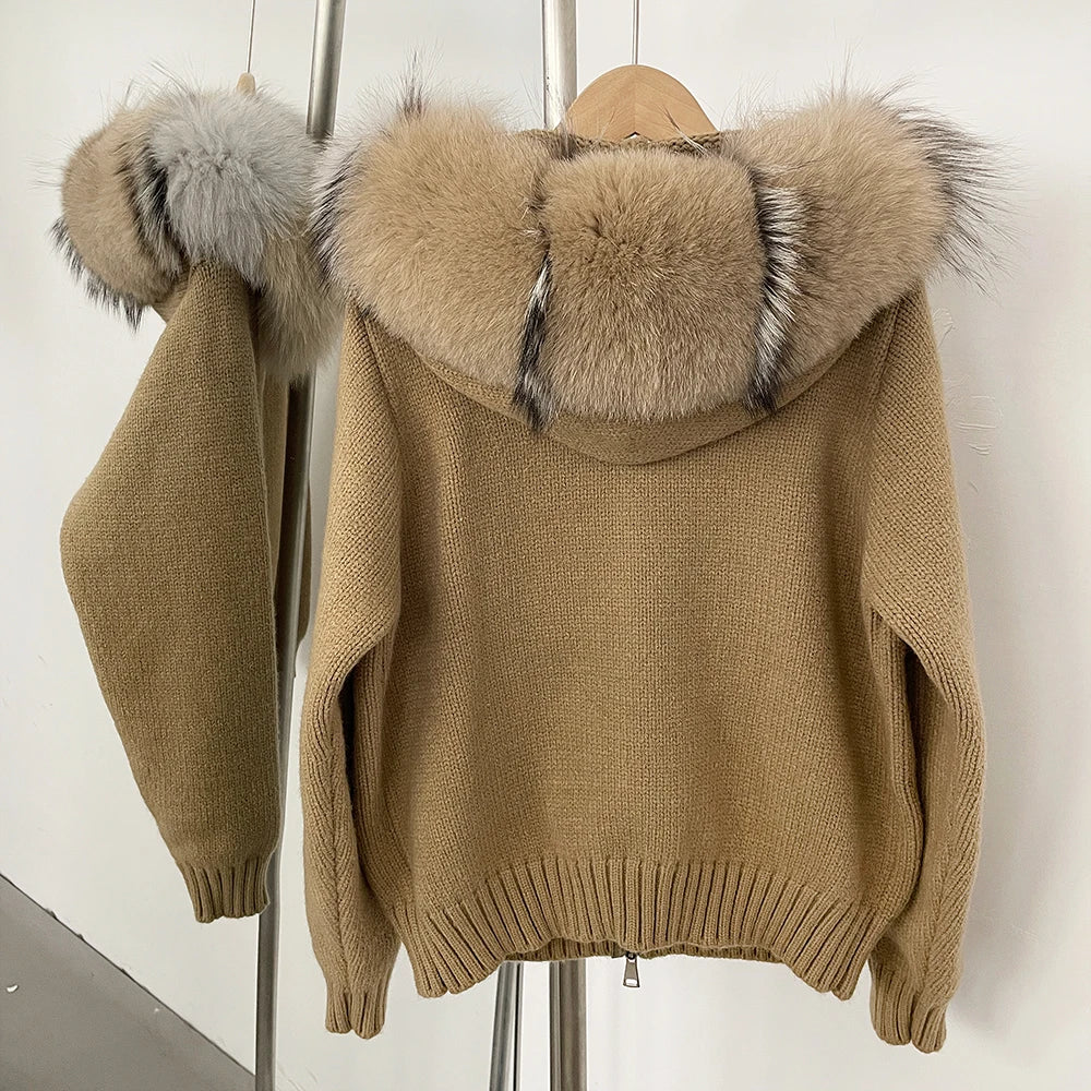 OFTBUY Real Fox Fur Kintwear Women 2025 New Spring Autumn Hooded Sweater Female Loose Zipper Kintted Jacket Oversized Cardigan