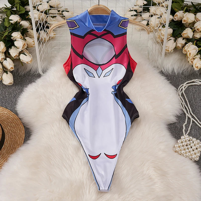 EtherealBe kawaii cartoon bodysuit costume for women printed anime mech one piece high cut