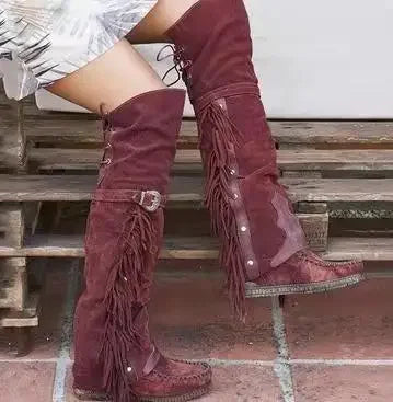 Fashion Bohemia Knee-length Women Boots Ethnic Personality High Boots Tassels Faux Suede Boots Girl Flat Bottom Long Botas Mujer
