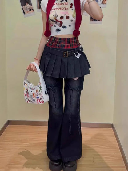 Autumn Winter Women's Denim Pants Slim Flared Jeans Fake Two Pieces Bell Bottom Jeans Abi Y2k Dark Academia Skinny Cyber Punk