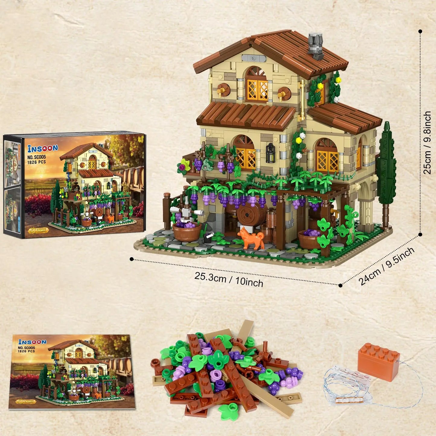 Winery Chateau House Building Set with led-Vineyard Castle Construction Home Decor Vine Estate Autumn Cabin Gift for Adults Teen