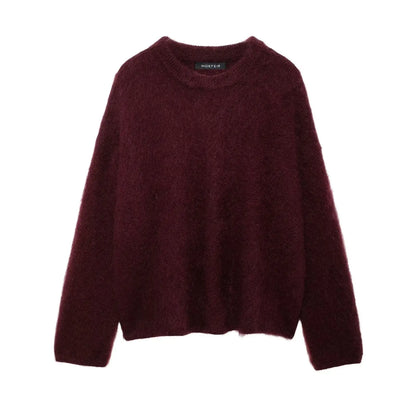 HH Autumn Sweater For Women Fashion Vintage Wine Red Knitted Pullover Long Sleeve O Neck Sweatshirt High Street Knitwear Top
