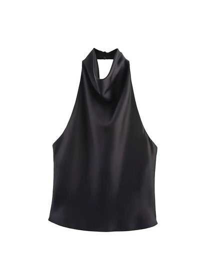 TFMLN Elegant Halter Top for Women Spring Summer Sexy  Backless High Street Waistcoat Female Fashion Solid Halter Neck Tops
