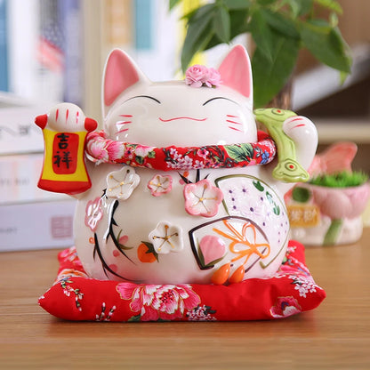 8 inch Japanese Maneki-Neko Ceramic Lucky Cat Fortune Cat Fengshui Statue Porcelain Money Box Home Decor Gift for Business