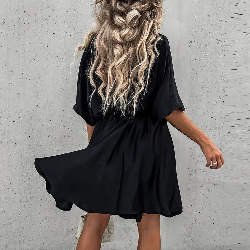 Sexy V Neck Dresses For Women Elegant Short Sleeve Solid A-line Loose Mini Dress Women Casual Beach Party Dress Boho 2022