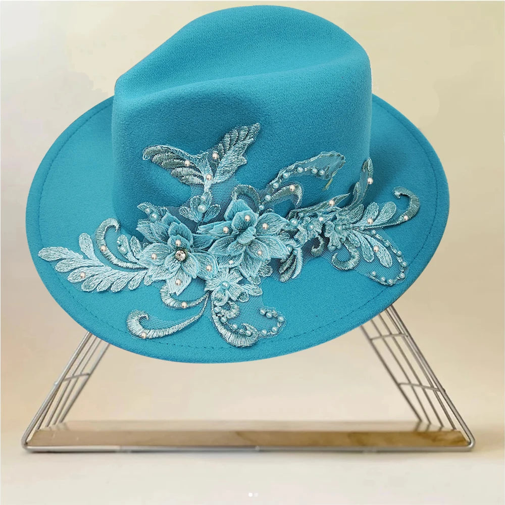 Embroidered three-dimensional flower fedora hat Women's jazz top hat Spring and autumn panama church fashion elegant wedding Hat