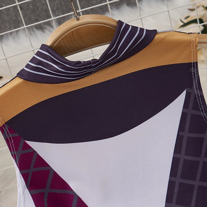 Sleeveless printed mock neck top on hanger geometric purple and gold design kawaii cartoon bodysuit costume for women