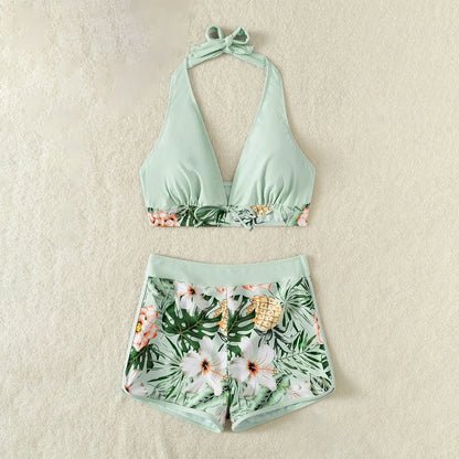Women's Paneled Printed Swimsuit Ladies Fashion Sexy Split Boxer High Waist Swimsuit Two-Piece Set V-Neck Bathing Suits Female