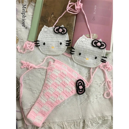 Sanrio Crochet Bikini Set Cute Girls Swimsuits Hello Kitty Sexy Bathing Suit Micro Ties Bikinis Beachwear Women Swimming Suit