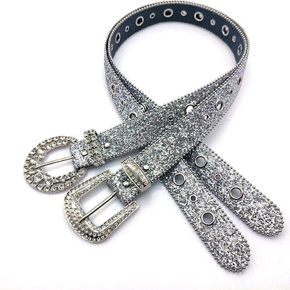 Gothic rhinestone belt for women with sparkling silver design and studded buckles