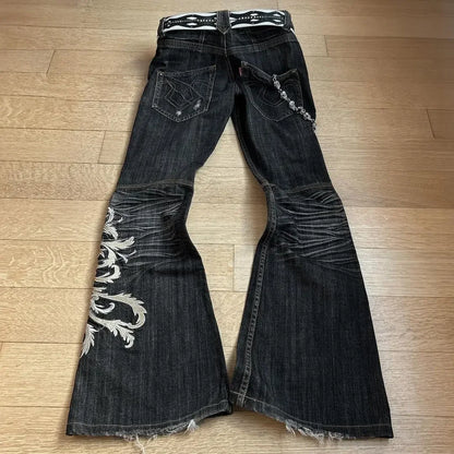 New High Waist Harajuku Loose Embroidered Women Jeans with Rock Punk Style Y2K Micro La Retro Wide Leg Pants