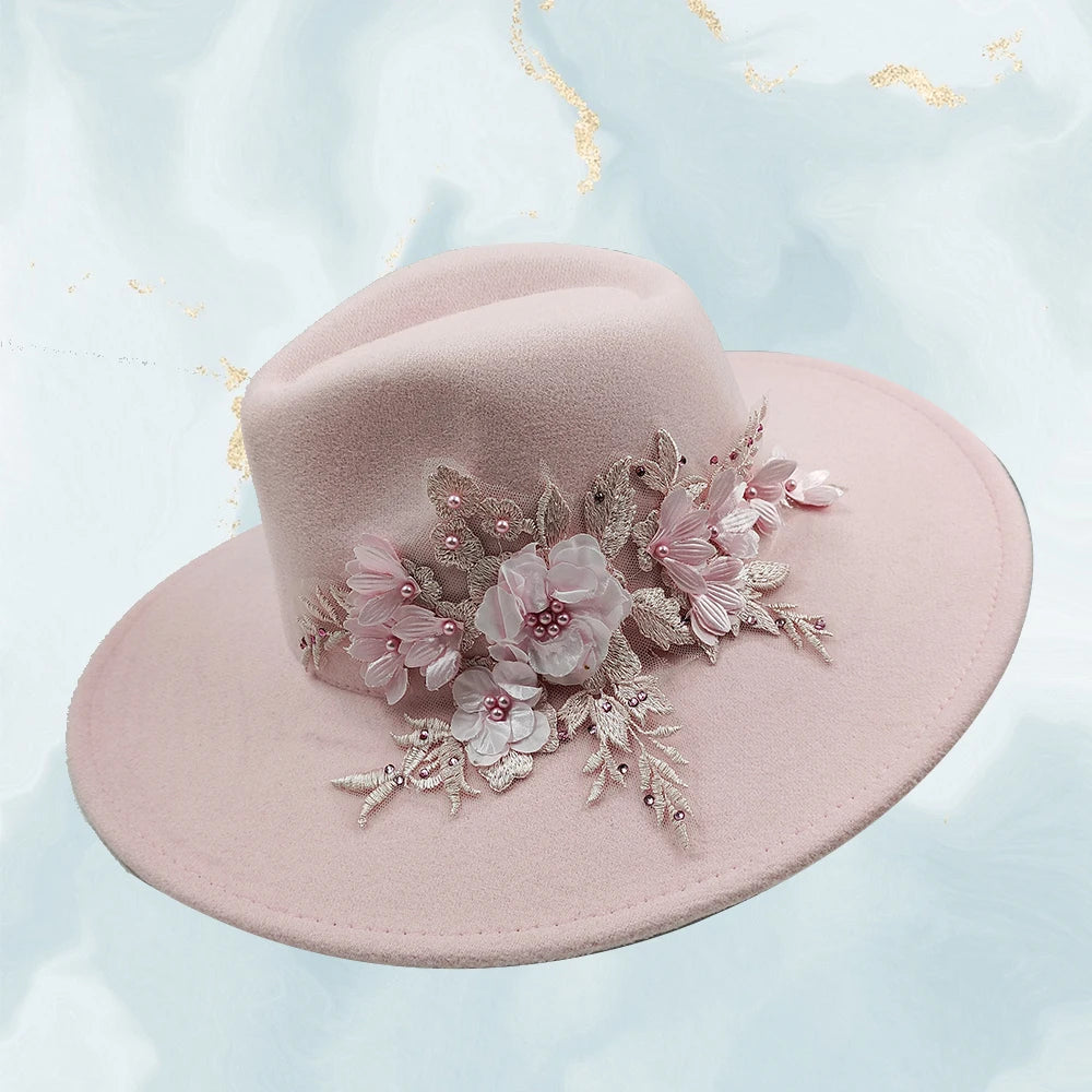 Embroidered three-dimensional flower fedora hat Women's jazz top hat Spring and autumn panama church fashion elegant wedding Hat