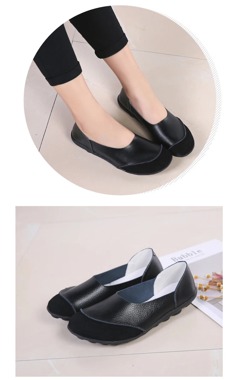 Women's shoes casual flat walking low heel loafers leather solid color large size casual single shoe work shoes44