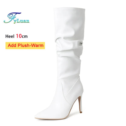 2025 Winter Knee Boots With Heels Woman 10CM Stiletto Fashion Slip on Pointy Autumn Shoes Women Soft Leather Pleated Long Boots