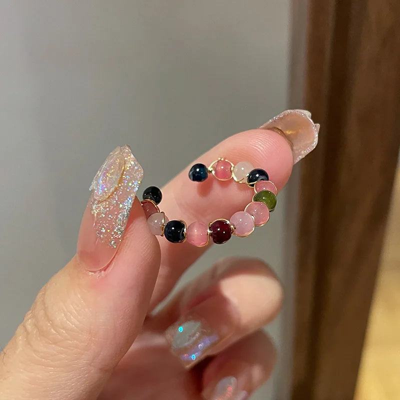 Natural Stone Rainbow Rings Fashion Retro Handmade Metal Wire Winding Beaded Open Adjustable Ring Female Charm Jewelry Gifts
