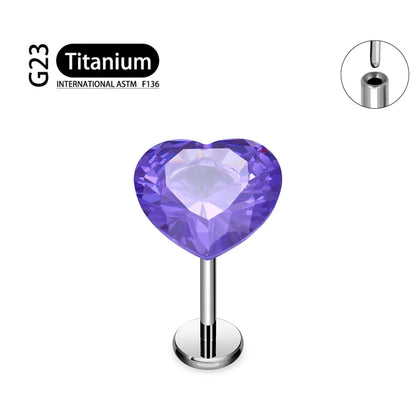 ASTM F136 Titanium 18G/16G Threadless Push Pin Labret Stud CZ Heart Cartilage Earring Helix Tragus Nose Stud Piercing