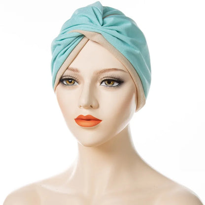 New Women Fashion Twisted Indian Hats Two Color Stitched Forehead Cross Folded Muslim Hijab Ladies Pleated Hijab Hat