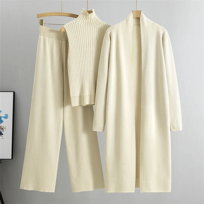 2025 Winter And Autumn Fashionable Elegant Women's Knitted 3-Piece Set cardigan Women's Sweater Women's Wide Leg Pants