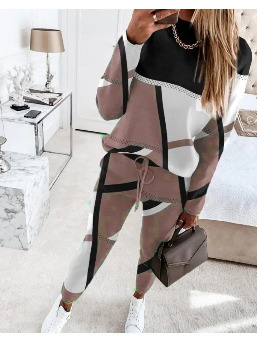 Autumn Winter Fashion Sports Style Two Piece Set Women Casual Printing Long Sleeve Tshirt Pants Two Piece Set Women