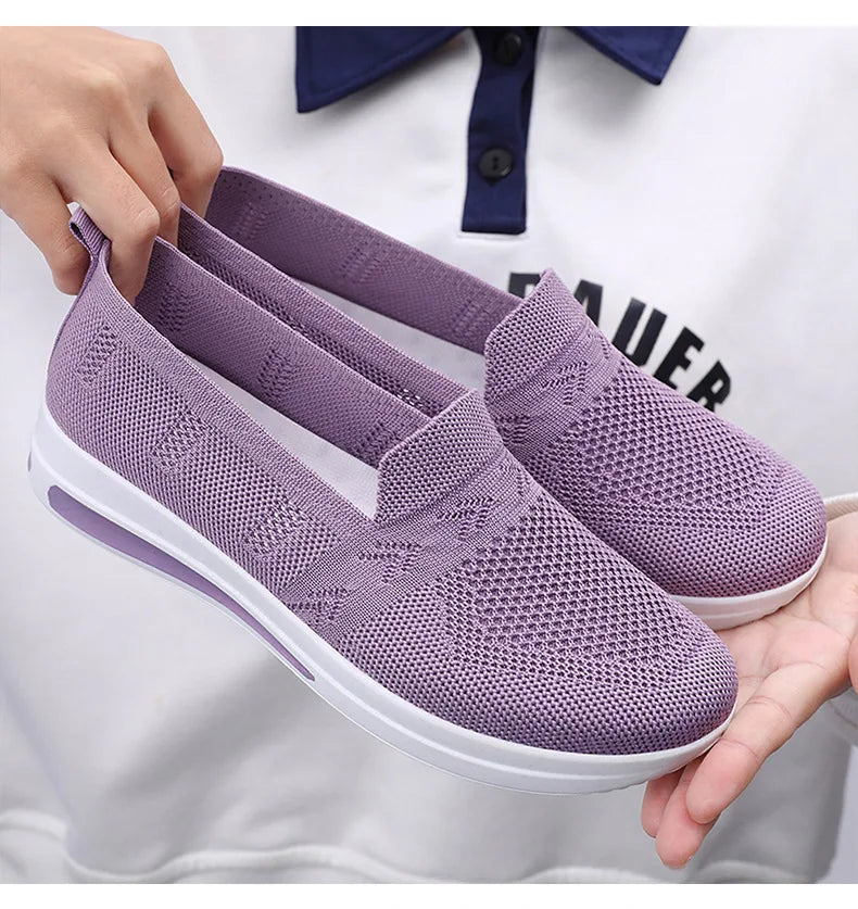 Autumn Women's Slip On Loafers Breathable Mom Soft Flats Classic Office Shoes Knitted Tennis Walking Shoes Sock Sneakers
