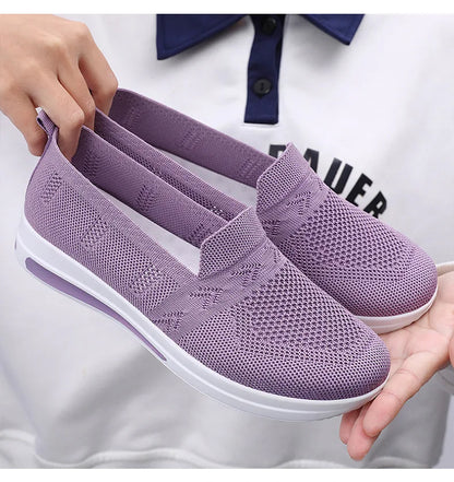 Autumn Women's Slip On Loafers Breathable Mom Soft Flats Classic Office Shoes Knitted Tennis Walking Shoes Sock Sneakers