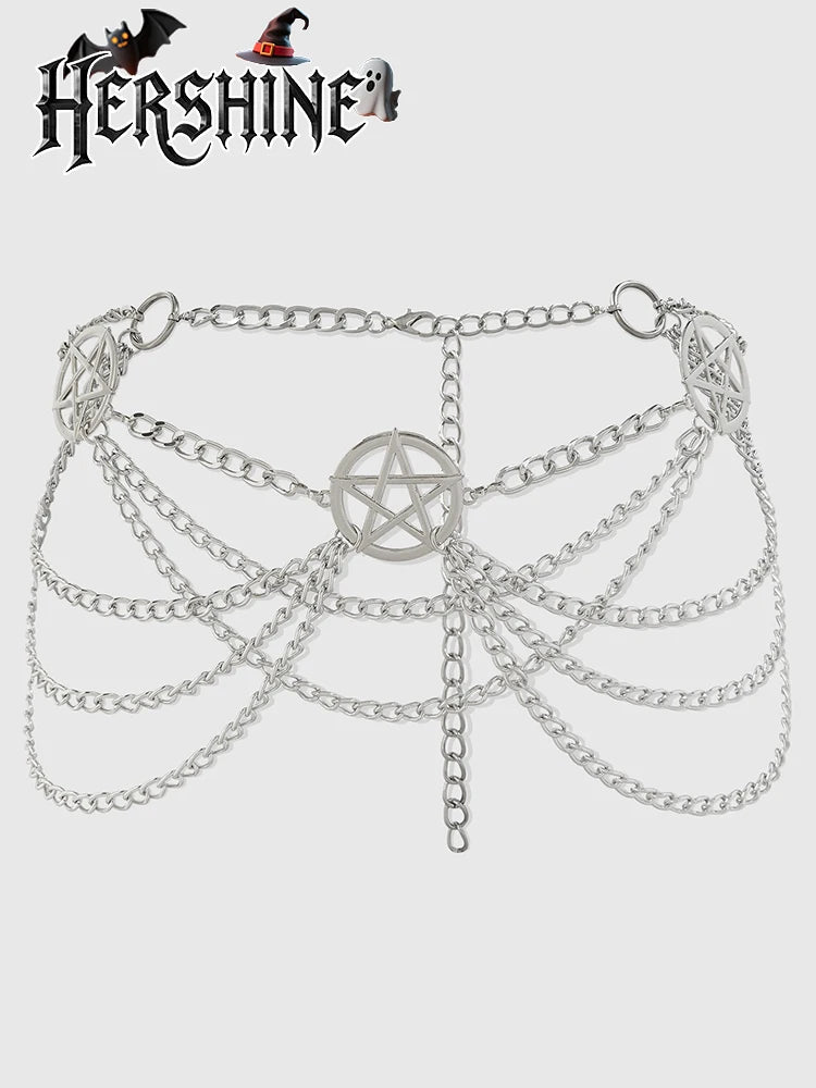 1 women's silver hollowed out pentagram multi-layer waist chain Y2K Gothic punk style waist chain fashion item holiday gift