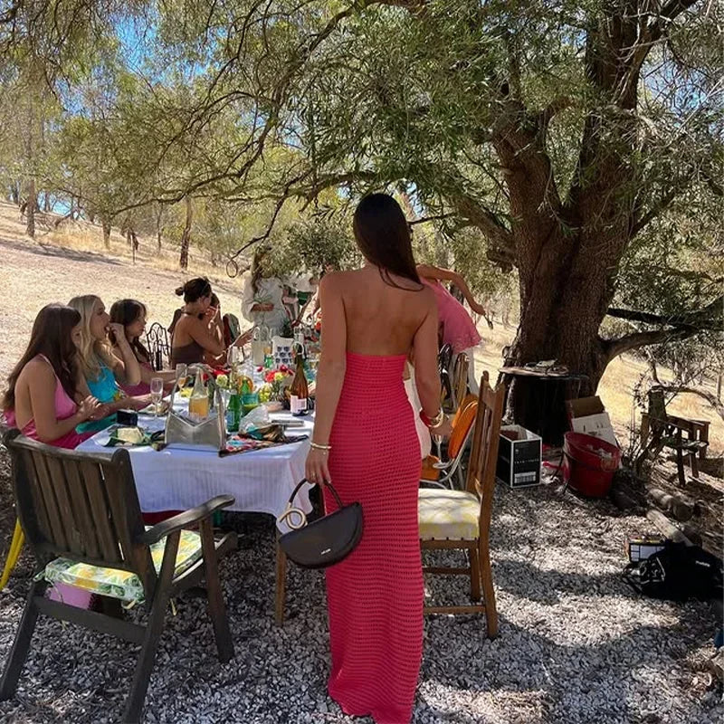 Sexy Crochet Hollow Out Long Halter Dress Women 3D Flower Backless Sleeveless Beach Dresses 2025 Summer Lady Vacation Robes New