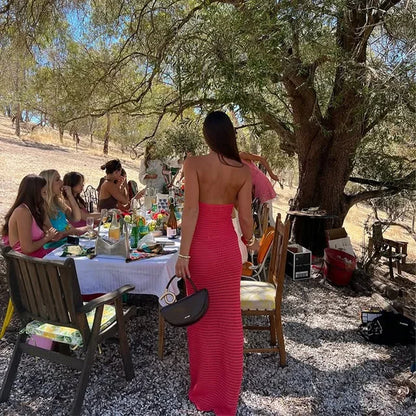 Sexy Crochet Hollow Out Long Halter Dress Women 3D Flower Backless Sleeveless Beach Dresses 2025 Summer Lady Vacation Robes New