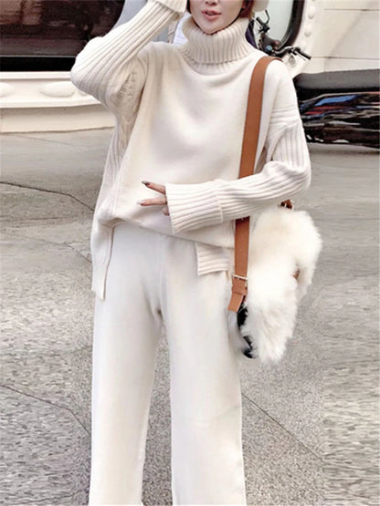Autumn Winter 2 Pieces Women Sets Knitted Tracksuit 2025 New Turtleneck Sweater and Wide Leg Jogging Pant Pullover Suits