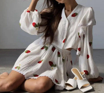 Spring And Summer New Fashion Ruffle Edge Long Sleeved Printed Shirt + Elastic Waist Short Skirt Set For Women,4 Colors