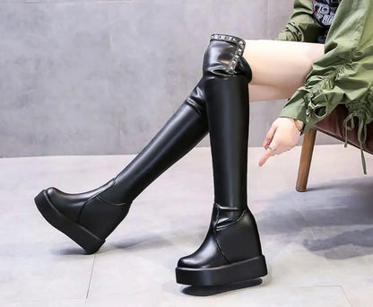 Knee Thigh High New In Women's Boots Genuine Leather Fur Long Shoes for Women Winter 2025 Wedges Chunky Platform Heeled Black