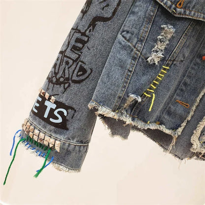 2025 Spring Autumn Women Street Fashion Graffiti Denim Jacket Female Short Frayed Raw Cut Rivet Jacket Fringe Jean Coat Outwear
